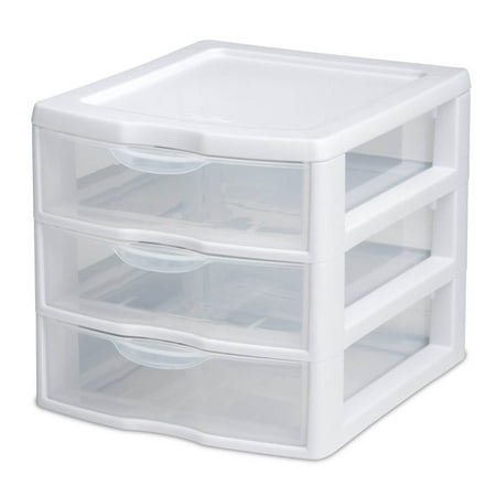 Sterilite Small 3 Drawer Unit, Clear Plastic Countertop or Desktop Drawers, White
