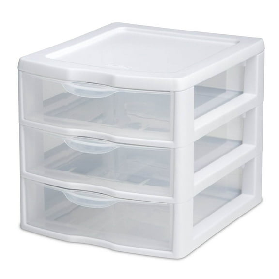 Sterilite, 3 Drawer Clear Storage Bin, Desktop Drawer Storage Container, White