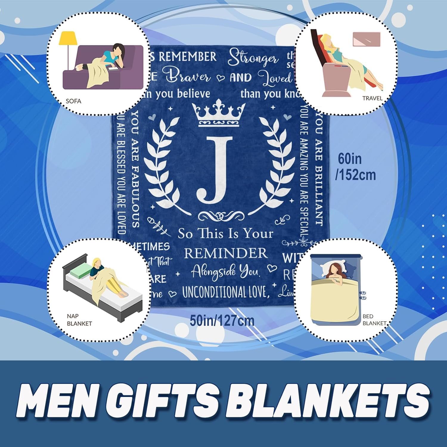 Fathers Day Initial J Gifts for Men, Unique Christmas Anniversary Wedding Romantic Birthday Blanket Gifts for Women Men Her Him Boyfriend Husband Son, Cool Personalized Gifts Throw Blanket
