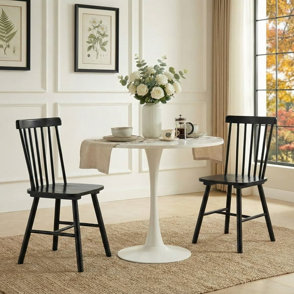 TrumanPick Windsor Dining Chairs Set of 2, Spindle Back Wooden Kitchen Chairs, Farmhouse Dining Chairs for Dining Living Room, Black
