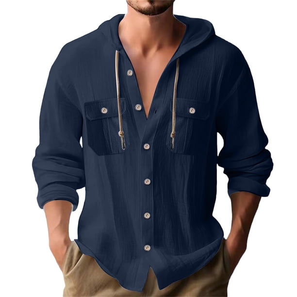 pstuiky manga larga para hombre, Blusa informal de manga larga con capucha y cuello redondo con botones lisos a la moda para hombre top de hombre s