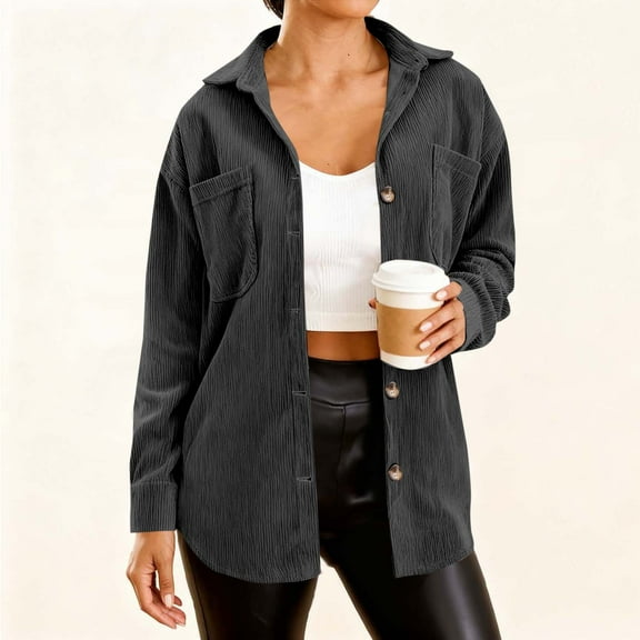 Xdegoge Button Down Jackets for Women Corduroy Long Sleeve Dressy Casual Work Office Tops Loose Fit Tunic Shackets Fashion Clothes Workwear