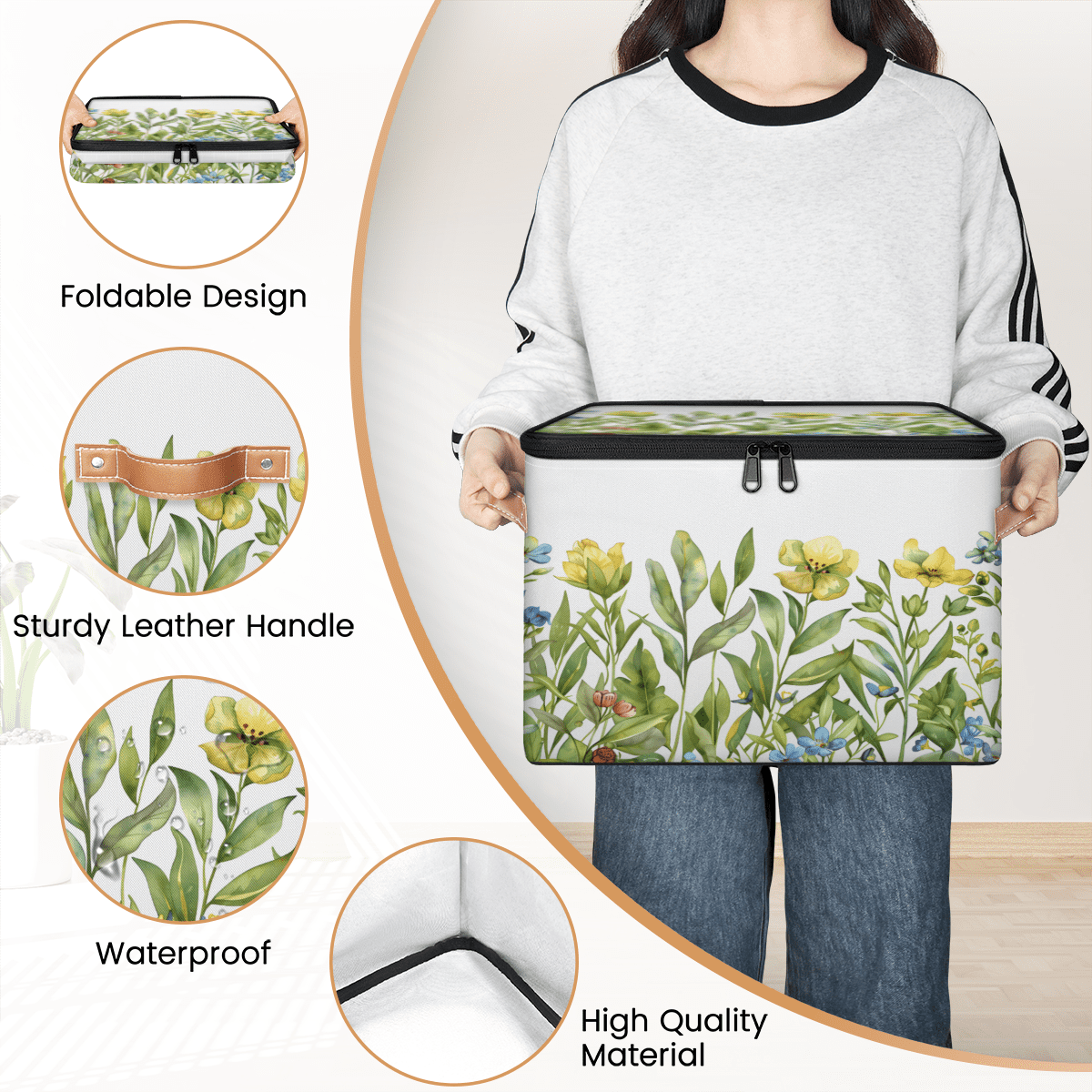 CURLYOOT Spring Floral Fabric Storage Bins with Lids, Watercolor Garden Flower Green Leaves Plants Foldable Storage Boxes Washable Storage Cube, Closet Bedroom Home Organizer Containers