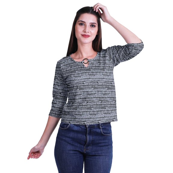 Moomaya Printed Keyhole Neck Ring Top Casual 3/4th Sleeve Tees Tank Tunic Top