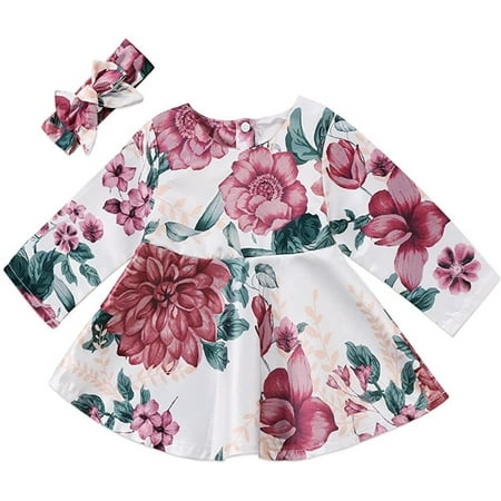 

Binpure Baby Girl Dress Stylish Set Headband Full Flower Print Soft Skirt Suit
