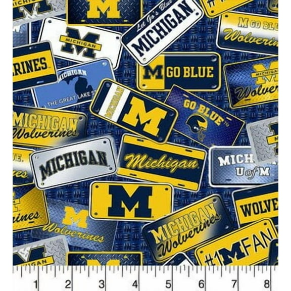 University of Michigan Cotton Fabric with License Plate Design-Sold by the Yard