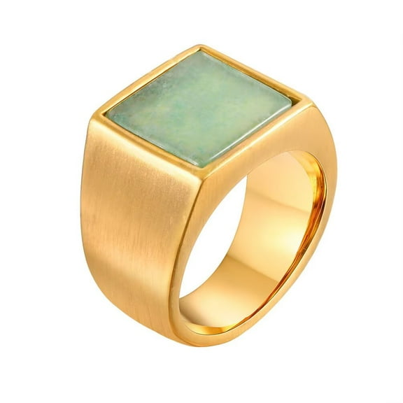 PAMTIER Men's and Women's Stainless Steel Creative Personalized Quadripartite Stamp Imitation of Green Jade Gemstone Ring Gold Size 7