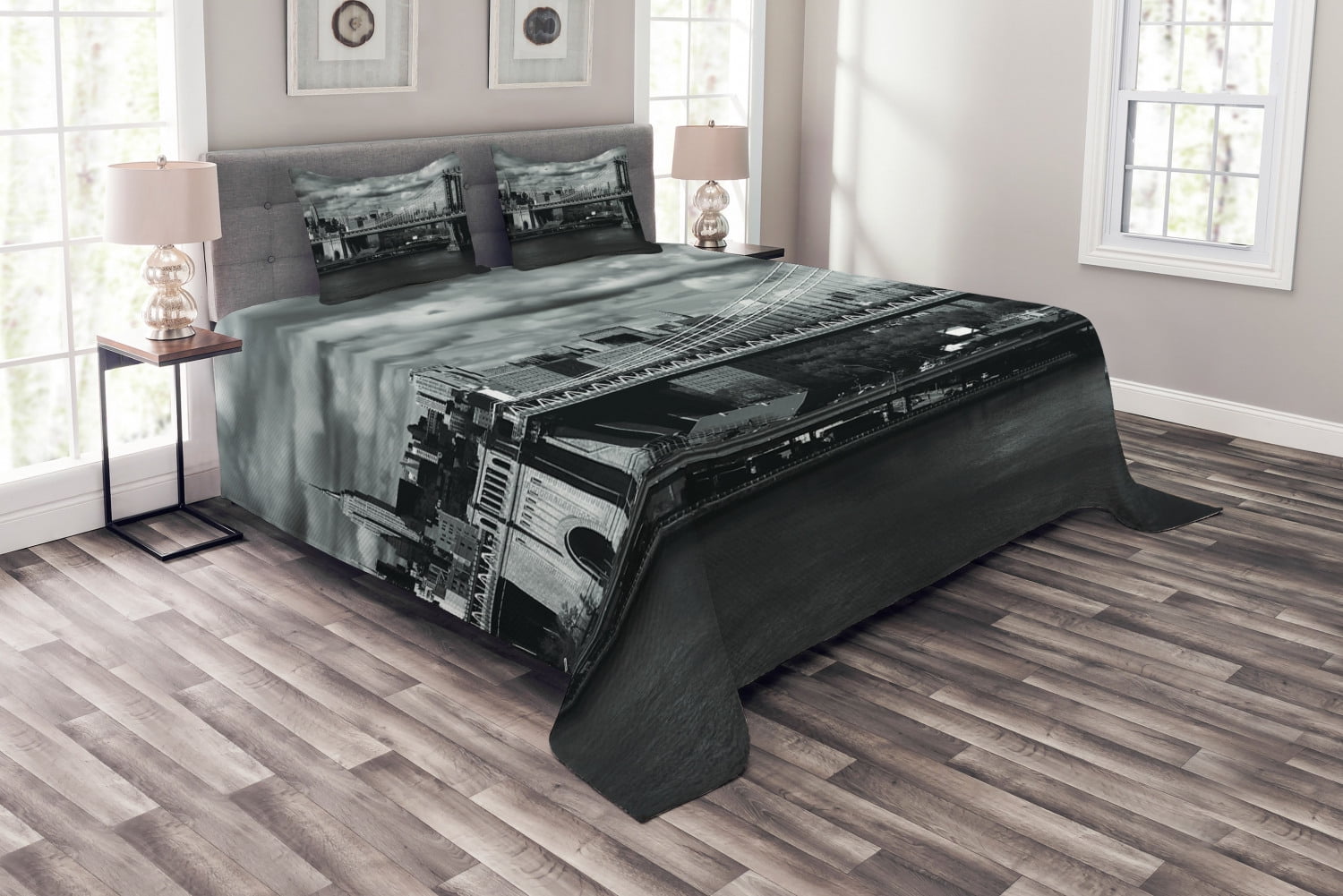 New York Bedspread Set Queen Size, Black and White Panorama of New York