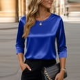 thumbnail image 6 of Women's Silk Satin Blouse Dressy Casual Crewneck 3/4 Length Sleeve Womens Tops Business Work Shirts Blue L, 6 of 6
