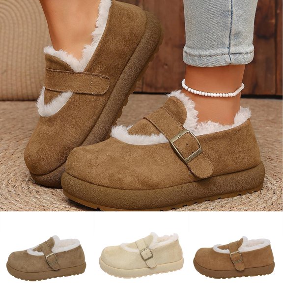 Women’s Fuzzy Lined Platform Mary Jane Shoes, Round Toe Suede Winter Warm Loafers, Adjustable Buckle Strap Non‑Slip Chunky Sole Cozy Slip‑On Shoes