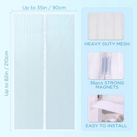 Magnetic Screen Door, 35X82 Inches, Heavy Duty White Mesh Curtain,White Door Screen Magnetic Closure,Fits Front Back Doors Up To 90 * 210cm,Keep Bugs Out,Pet and Kid Entry Friendly