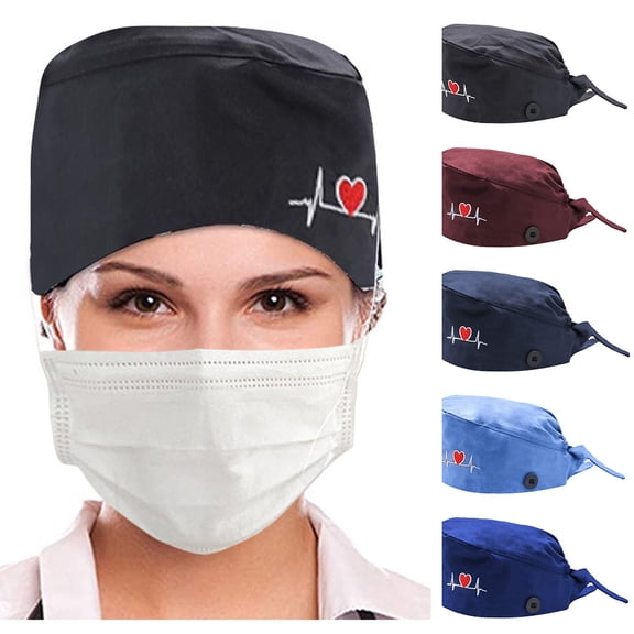 Black Bouffant Caps Cotton Adjustable Elastic Tie Scrub Caps for Women Men, Surgical Cap One Size