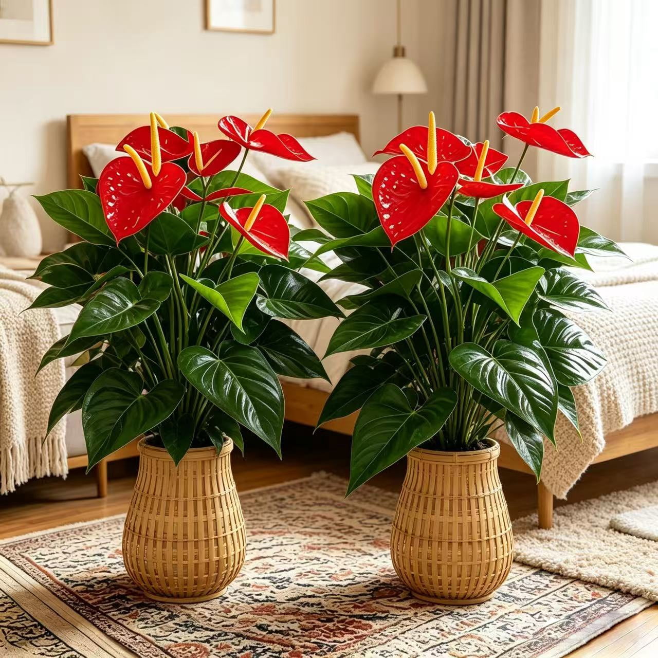 21.65in Artificial Anthurium Plant, 4Pcs 18 Leaves Faux Red Flowers, Large Fake Potted Plants for Home Decor Indoor Outdoor, No Pot