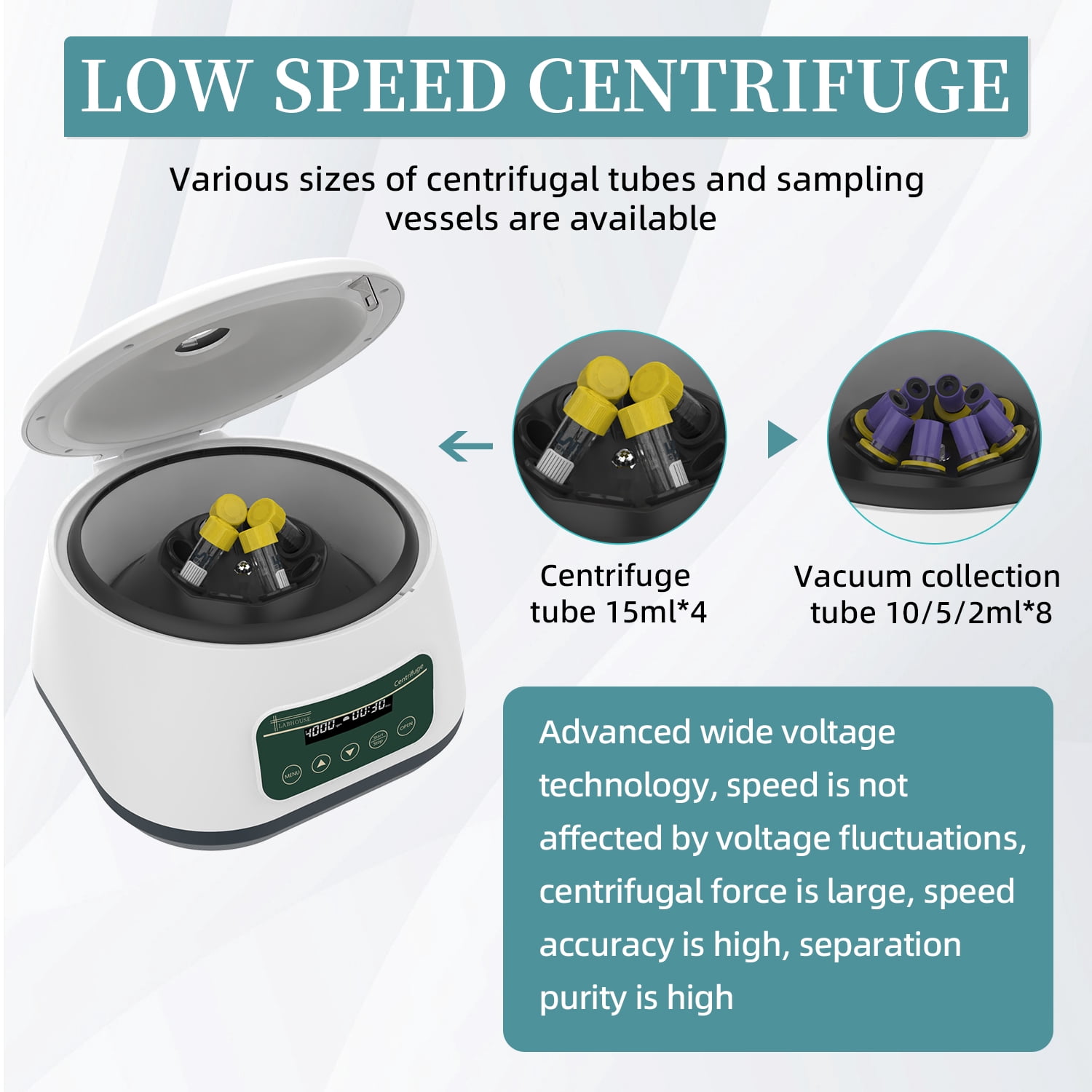 LABHOUSE PRP Centrifuge Machine 8x2ml/5ml/10ml & 4x15ml Benchtop Centrifuge, Digital Speed 500-4000rpm 1717xg RCF with Timer 30sec-99min for Labs, PRP Kits, and School Use
