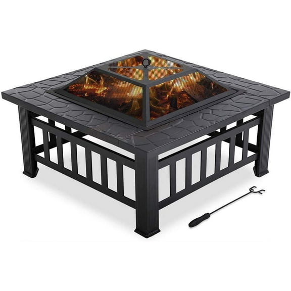 Dkeli 32'' Fire Pits Outdoor Wood Burning Fireplace, Portable Fire Pit Table with Lid, Outdoor Fire Pit Grill with Poker & Mesh Wire Cover