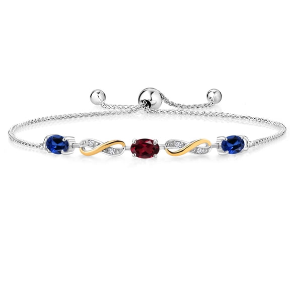 Gem Stone King 1.73 Ct Blue Created Sapphire Red Rhodolite Garnet 925 Silver and 10K Yellow Gold Lab Grown Diamond Adjustable Infinity Bracelet for Women Mother's Mom Wife Her