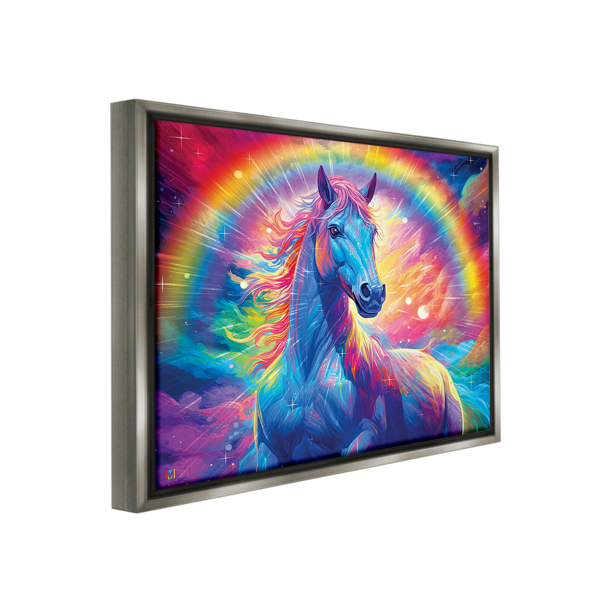 Stupell Industries Vivid Rainbow Horse Animals & Insects Painting Gray Floater Framed Canvas Art Print Wall Art, 31 x 25