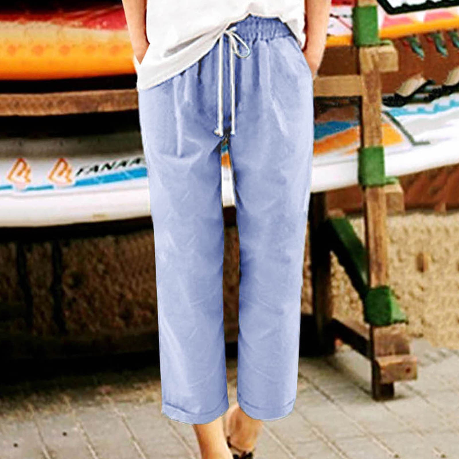 Women s Cotton Linen Capri Pants Casual High Waist Drawstring Cropped Trousers Plus Size Lounge Pants with Pockets Walmart
