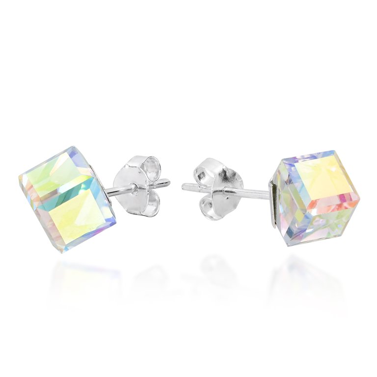 Mirror Tint Crystal Prism Cube .925 Sterling Silver Stud