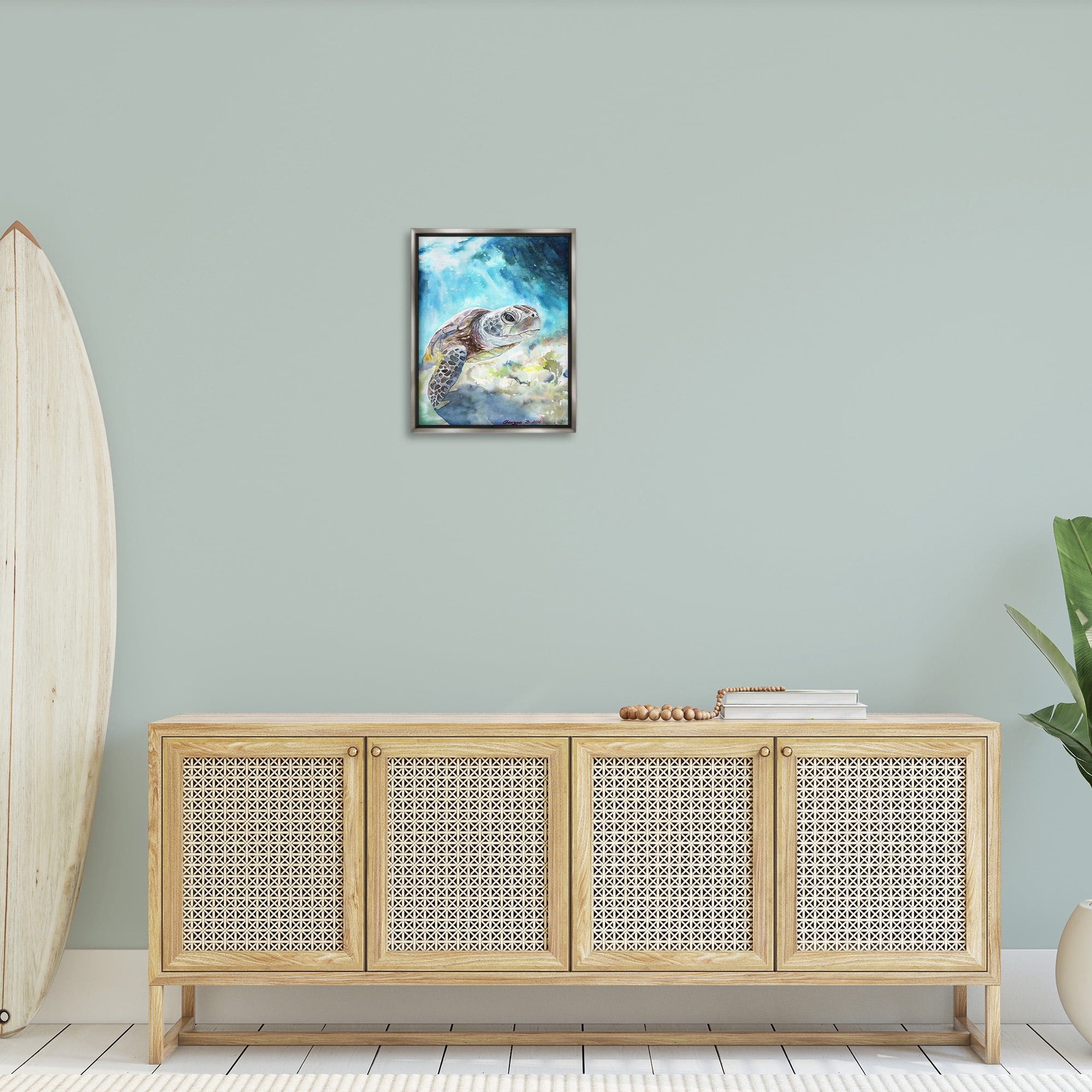 Stupell Industries Sea Turtle Ocean Watercolor Animals & Insects Painting Gray Floater Framed Canvas Art Print Wall Art, 17 x 21