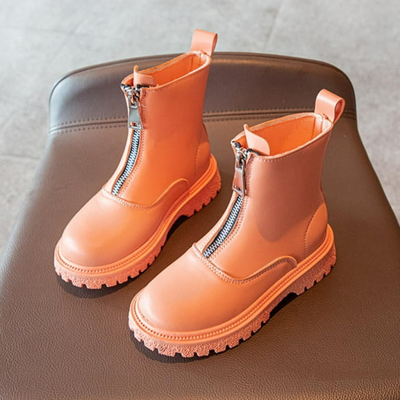 BLTIBY Girls Ankle Boots Front Zip Chunky Low Heel Boot Fashion Casual Faux Leather Short Booties Shoes Orange 10.5-11 Years