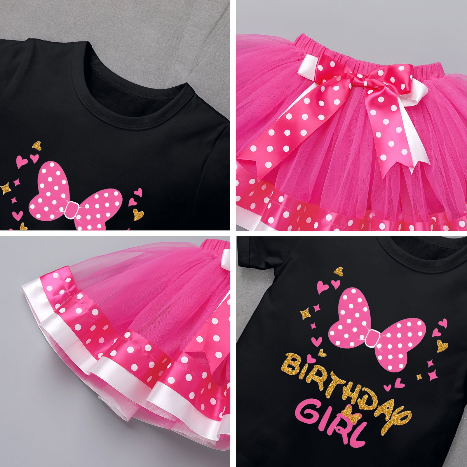 IBTOM CASTLE Toddler Girls Birthday Outfit Polka Dots Tops Tutu Skirt Mouse Ears Headband for Cake Smash Photo Shoot 3 Years Black + Hot Pink - Bowknot