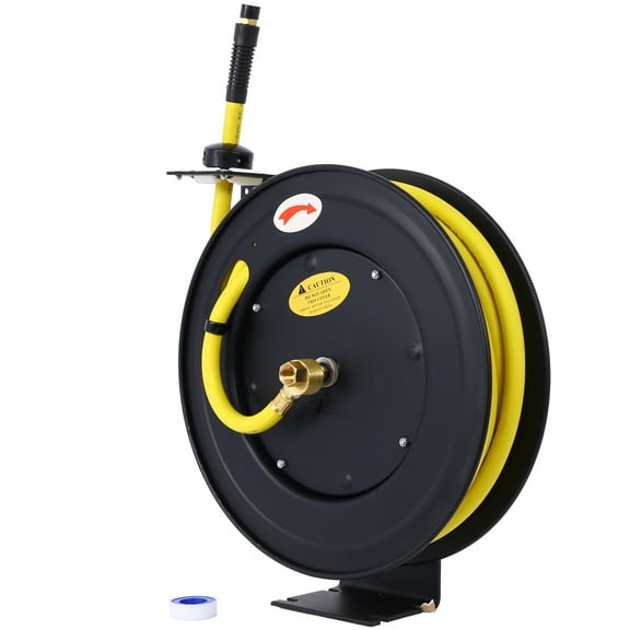 Heavy Duty 1/2" x 50' Retractable Air Hose Reel, Auto Rewind Steel Reel with 300PSI Industrial Rubber Hose, Adjustable Guide Arm & Ratchet Lock