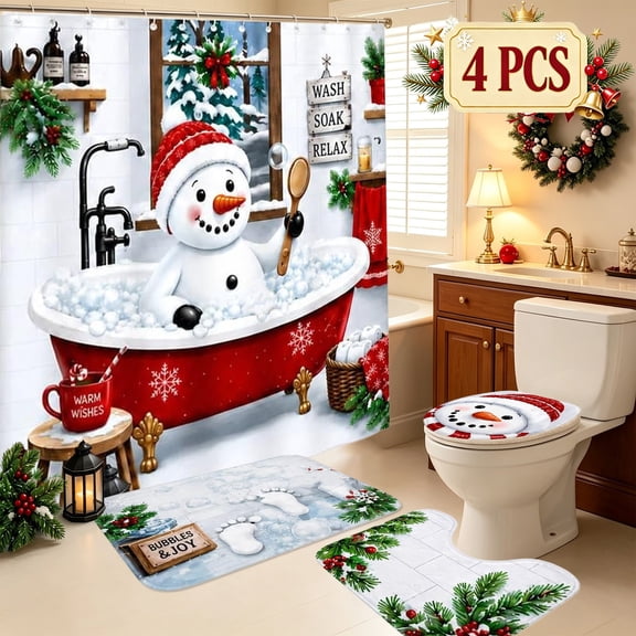 Clearance! 4Pcs Christmas Shower Curtain Bathroom Set, Funny Cute Snowman Bathtub Print Waterproof Shower Curtain, Non Slip Rugs, Toilet Seat Cover, Holiday Home Decor with 12 Hooks