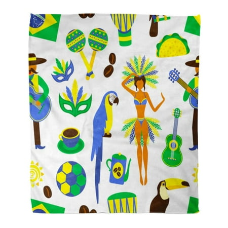 ASHLEIGH Throw Blanket 50x60 Inches Green Brasil Brazil with Football Carnival Coffee Parrot Samba Guitar Yellow America Warm Flannel Soft Blanket for Couch Sofa