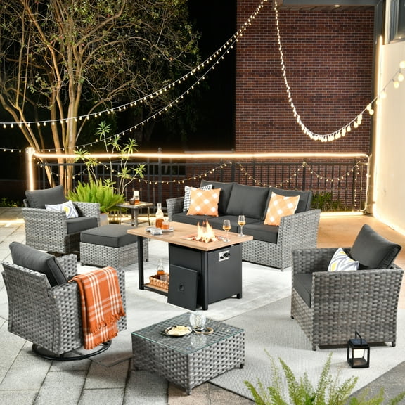 XIZZI Patio Furniture Sets 10 Pieces with Outdoor Wicker Swivel Rocking Chairs and Fire Pit,Black
