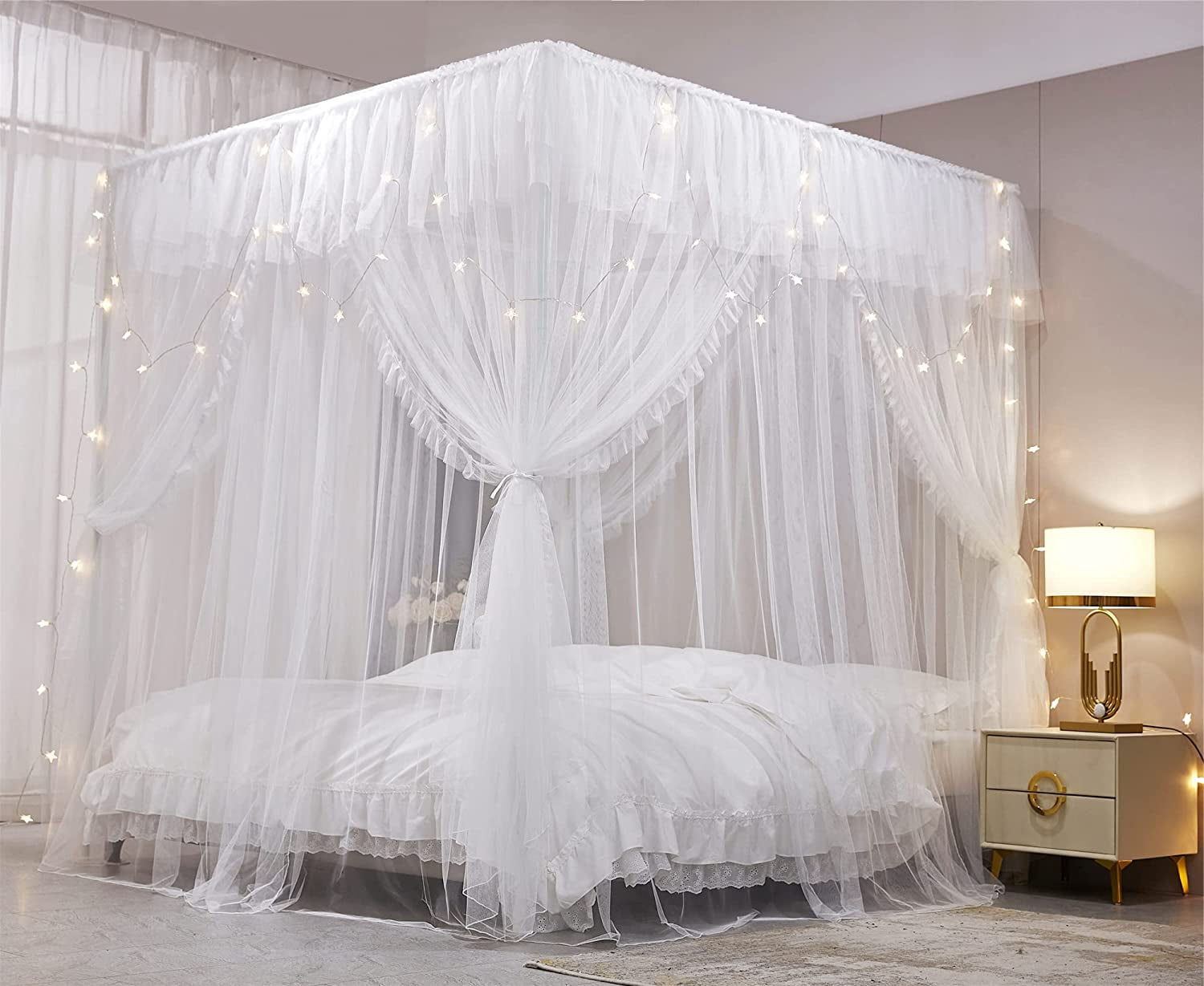 4 Corners Post Ruffle Princess Bed Canopy Curtain-Double Layer Cozy Drape Netting 4 Opening Mosquito Net for Girls Adults Bedroom Decoration (White/White, 53" W*78" L*82"*H/(Full))
