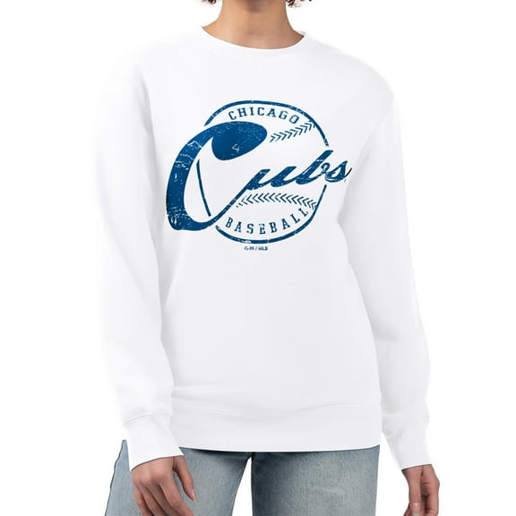 Women's G-III 4Her by Carl Banks White Chicago Cubs Distressed Baseball Team Fleece Pullover Sweatshirt