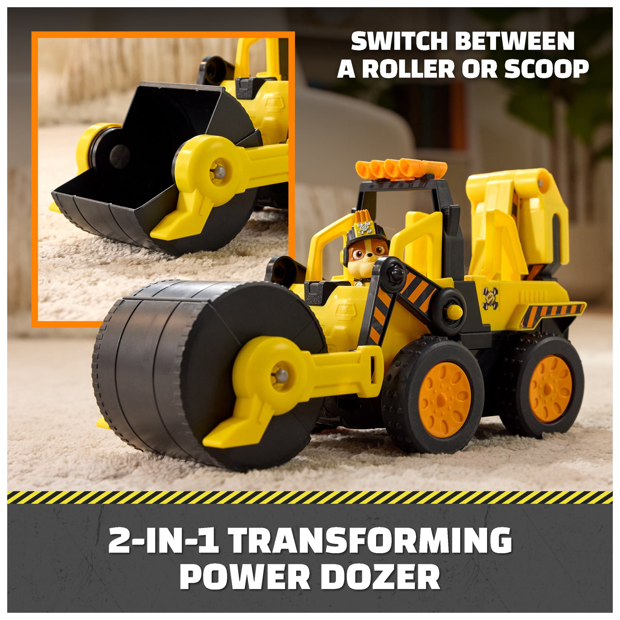Rubble & Crew Rubble Double Duty Power Dozer, Toy Car Bulldozer with 2-in-1 Roller to Plow Action & Working Wheels, Preschool Toys for Kids Ages 3+