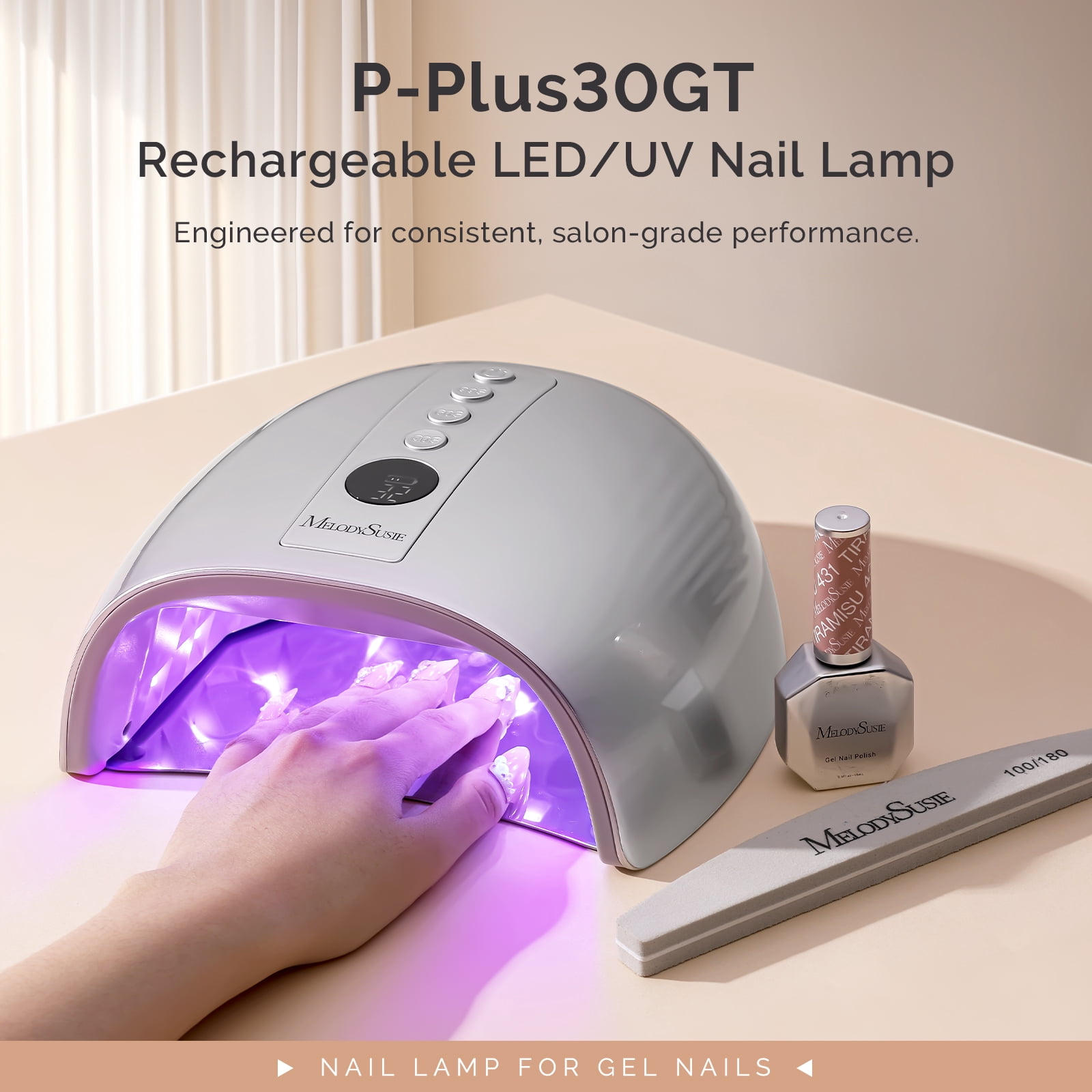 MelodySusie Upgraded Cordless UV Nail Lamp, P-Plus30GT High-Efficient Rechargeable Nail Dryer with 3 Timers & Detachable Metal Base Cures All Hard Gels