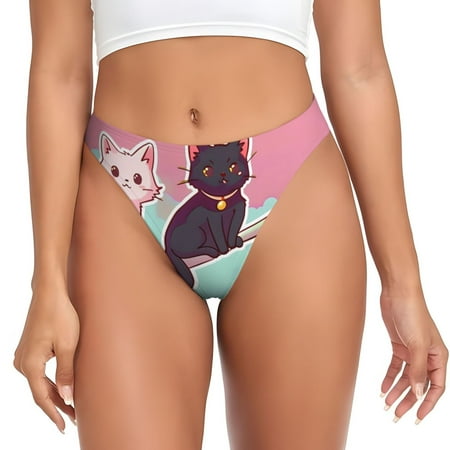 Qokaie Cats On Broomstick Printed Women s Cotton Thong Underwear  Sexy Breathable Panties G-string-XX-Large