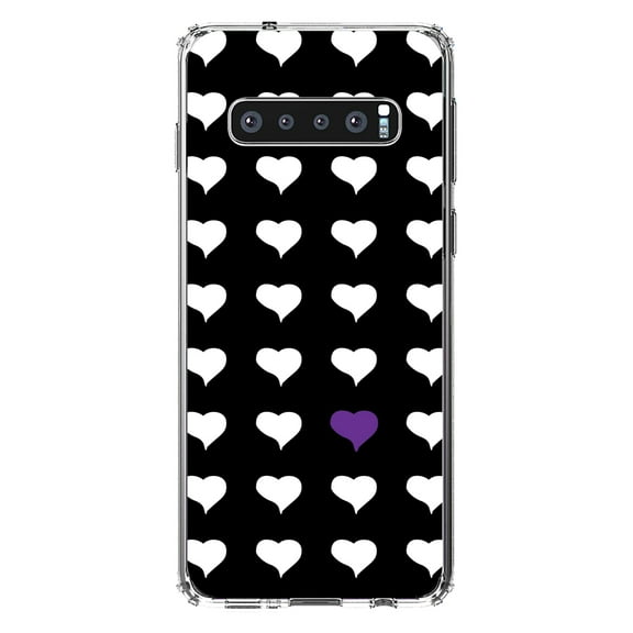 DistinctInk Clear Shockproof Hybrid Case for Samsung Galaxy S10 (6.1" Screen) - TPU Bumper, Acrylic Back, Tempered Glass Screen Protector - Purple White Black Repeating Hearts