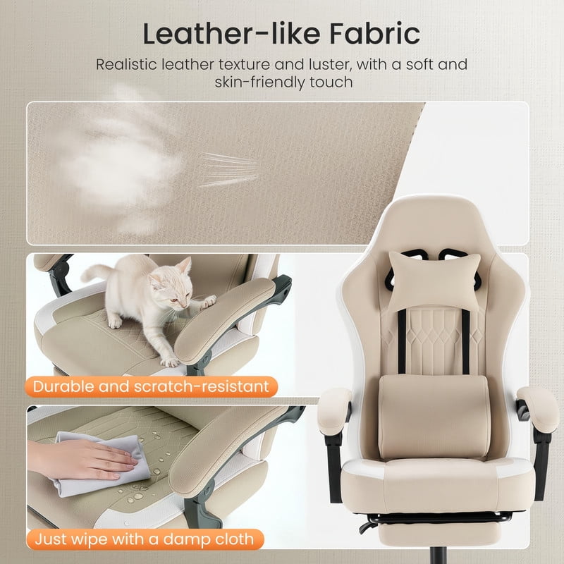 Kelno Ergonomic Gaming Chair with Footrest Lumbar Support Adjustable High Back Swivel Office Chair, Khaki