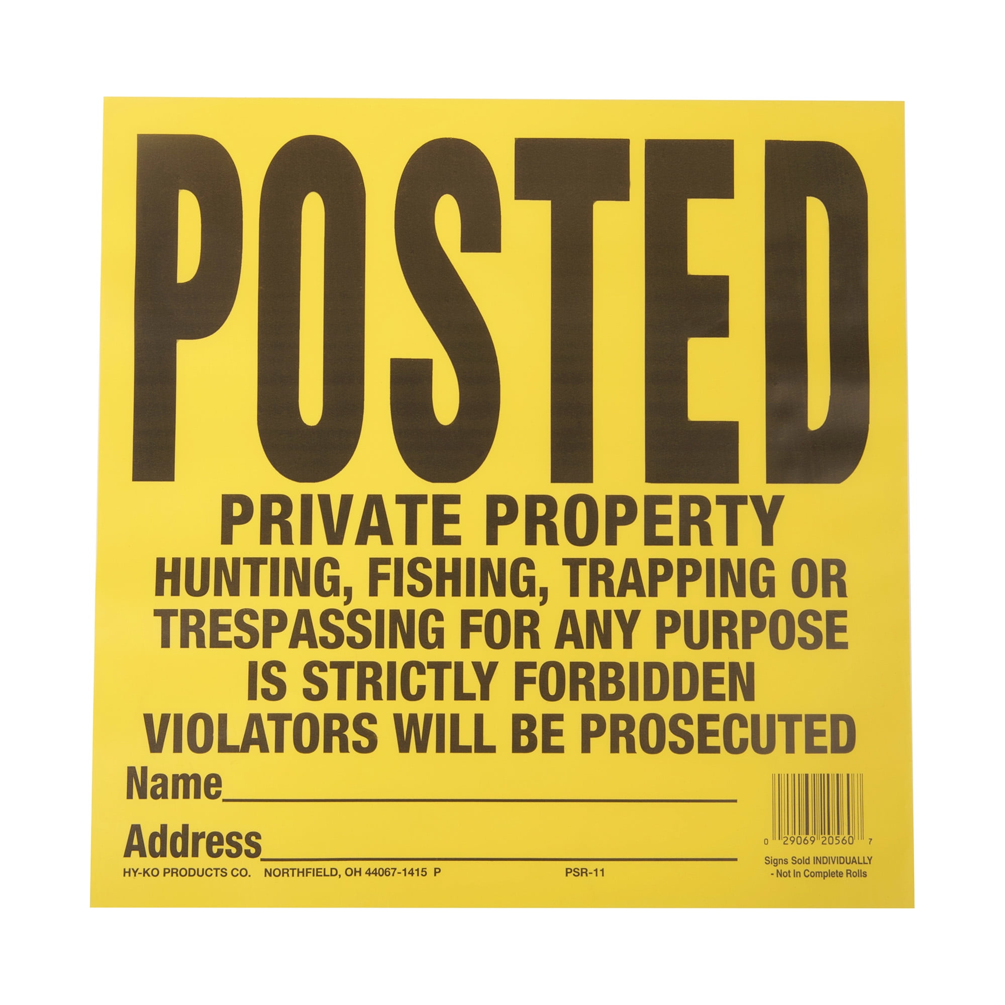 HyKo 11" x 11" Yellow Posted Private Property Sign, Tyvek