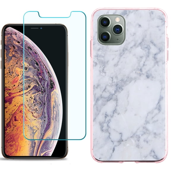 For Apple iPhone 11 PRO Case, Slim-Fit TPU Protective Phone Case (Pink Bezel) with Tempered Glass Screen Protector, by OneToughShield ® - Marble / Clouds