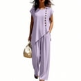 thumbnail image 6 of MLCDZ Sets for Women 2 Piece Button Round Neck Short Sleeves Tops and Wide Leg Loose Fit Pants Set Matching Beach Vacation Outfit with Pockets, 6 of 7
