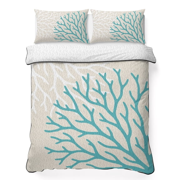 Quilts Twin Size Bedding Set, Coastal Corals Lightweight Quilted Comforter, Turquoise White Ocean Life Retro Beige Soft Reversible Bedspread Coverlet with Pillow Covers for All Season, 68" x 86"