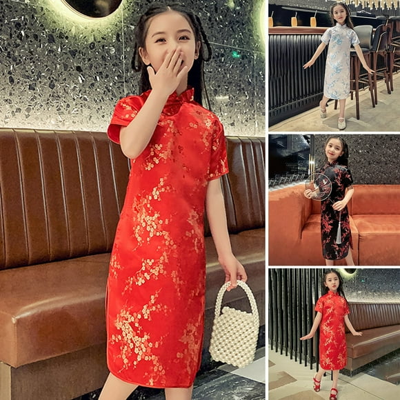 Vestido cheongsam Skymirror para niñas pequeñas, pequeño, con flores de Wintersweet, mangas cortas, cuello alto y cremallera, vestido qipao largo midi vintage de Año Nuevo chino para niñas, disfraz