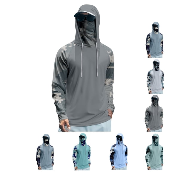 Hooded Fishing Shirts with Face Mask Cooling UPF 50 Sun Protection Rash Guard Moisture Wicking Outdoor Boat Sun Shirt