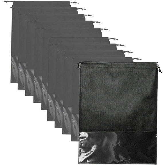 Unisex Non-Woven Dust-Proof Drawstring Shoe Bags with Clear Window,Black,Pack of 10