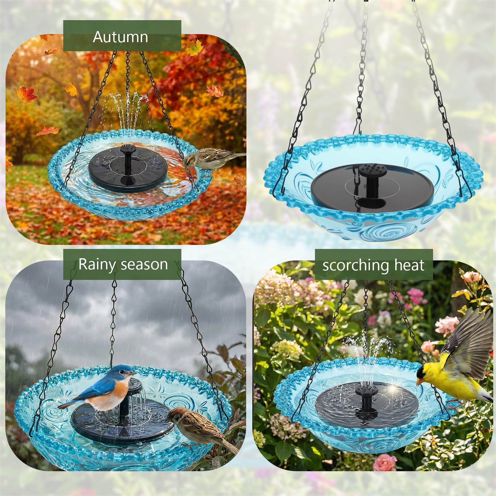 Threns Solar Cascade Hanging Bird Bath Fountain, Solar Powered Bird Bath Fountain, Hanging Birds Baths for Outdoors Garden Patio Backyard Lawn Decor