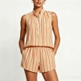 thumbnail image 5 of Pretxorve Women 2 Piece Outfits Print Striped Stand Collar Half Button Sleeveless Top Elastic Shorts Set, 5 of 5