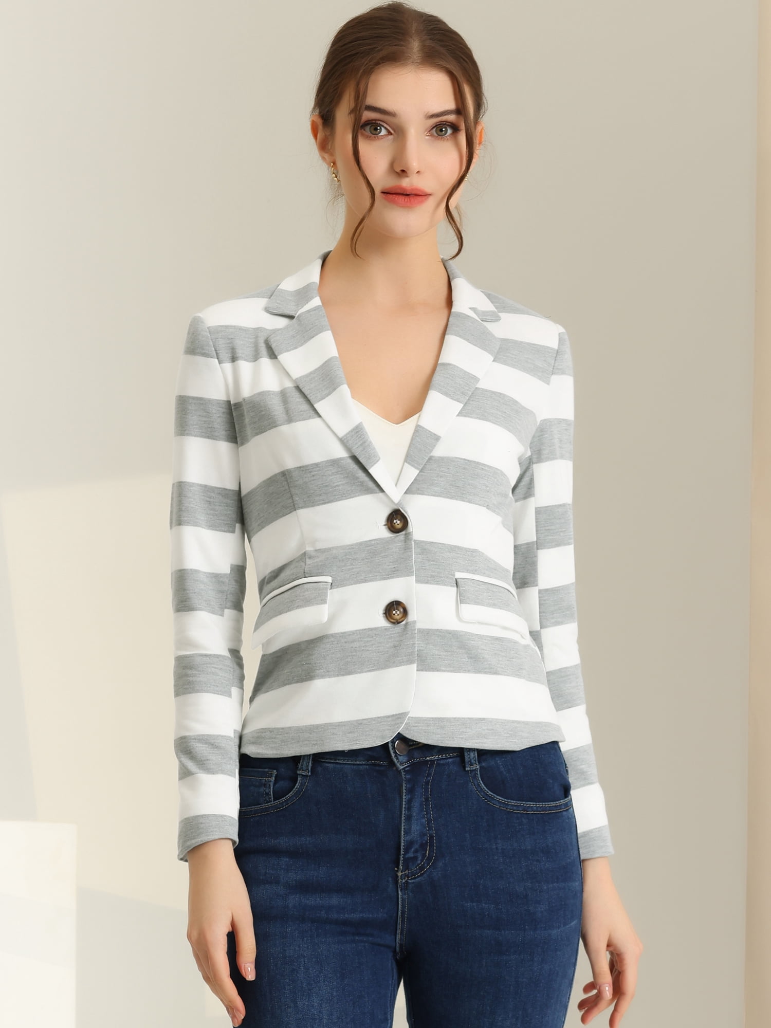 DARING DIVA Women's Striped Notched Lapel Button Closure Blazer L Light Grey
