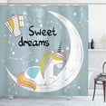 thumbnail image 1 of Magic Moon Shower Curtain, Dreams Typography with Unicorn on Crescent Stars, Fabric Bathroom Set with Hooks, 69W X 84L Inches Extra Long, Pale Slate Blue and Multicolor, by Ambesonne, 1 of 3
