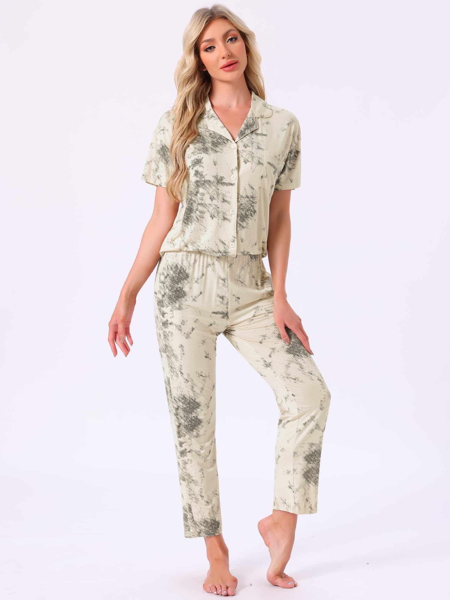 DARING DIVA Tencel Floral Short Sleeve Notched Collar Pants Set M Beige