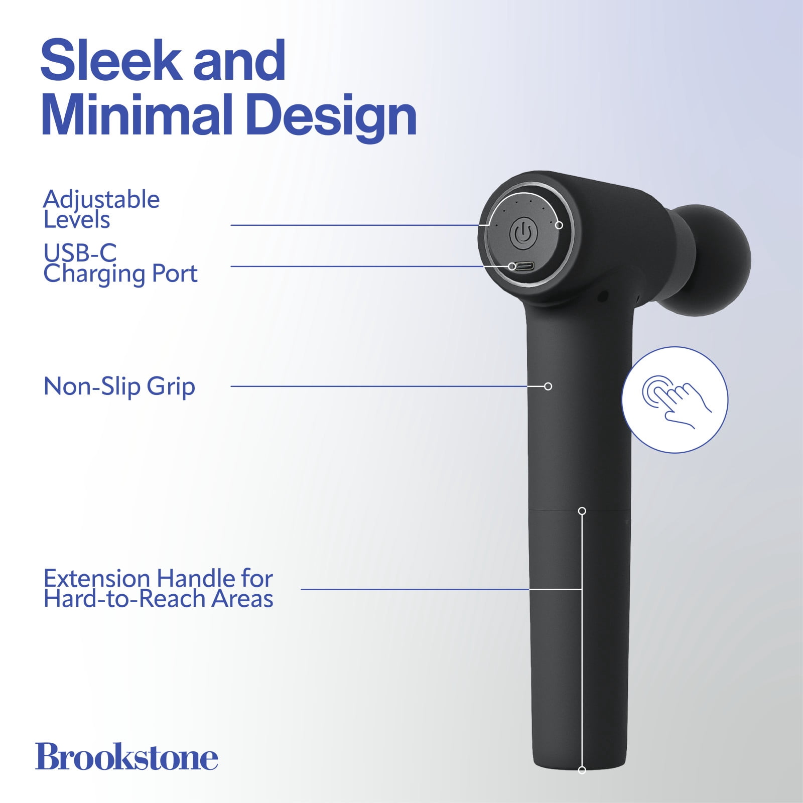 Brookstone Deep Tissue Massage Gun for Pain Relief & Muscle Recovery – 9-Speed Handheld Percussion Massager, 4 Heads, Type-C Rechargeable, Quiet, 3200 RPM, Shockproof Design